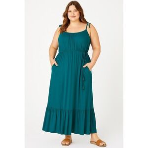 City Chic Maxi Tropical Escape Teal Size S 16 Sundress Sleeveless Pockets